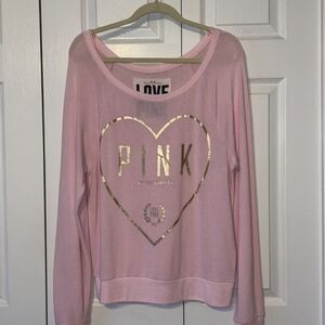 PINK Victoria's Secret Logo Long Sleeve Lightweight Sweatshirt Tee Gold Foil